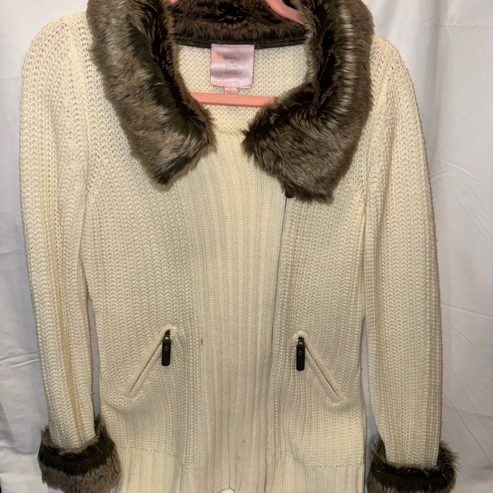 Cottage Cream Knit Coat with Faux Fur Trim women’s size L